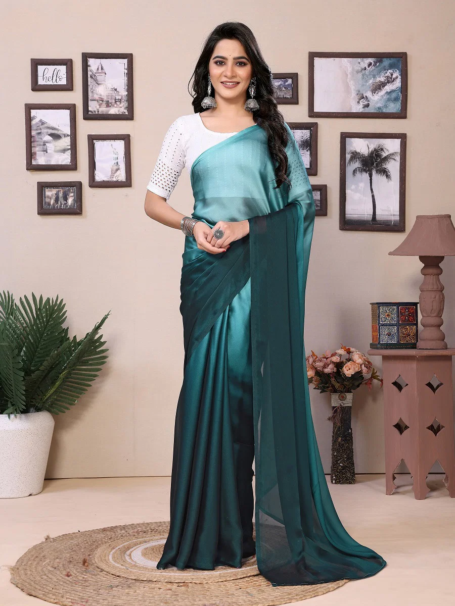 Party Wear Printed Satin Silk Ready to Wear Saree with Un Stitched Blouse(Wear Up to 44)
