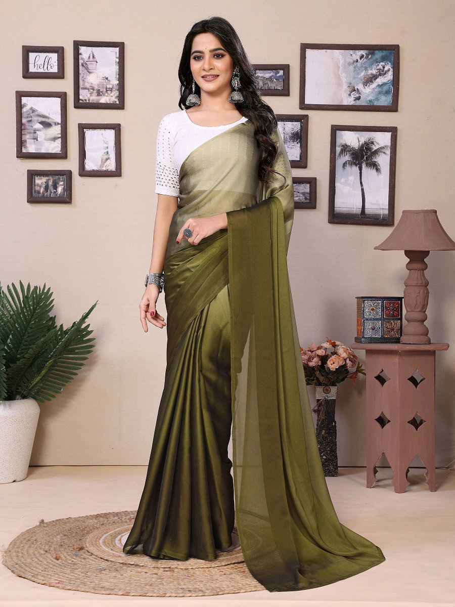 Party Wear Printed Satin Silk Ready to Wear Saree with Un Stitched Blouse(Wear Up to 44)