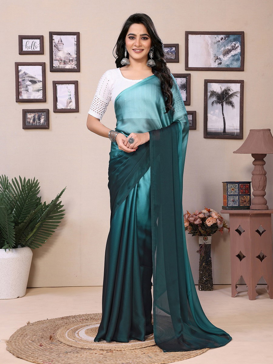 Party Wear Printed Satin Silk Ready to Wear Saree with Un Stitched Blouse(Wear Up to 44)