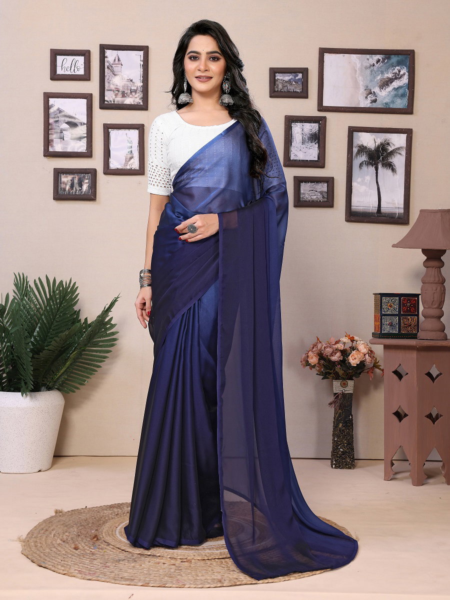 Party Wear Printed Satin Silk Ready to Wear Saree with Un Stitched Blouse(Wear Up to 44)
