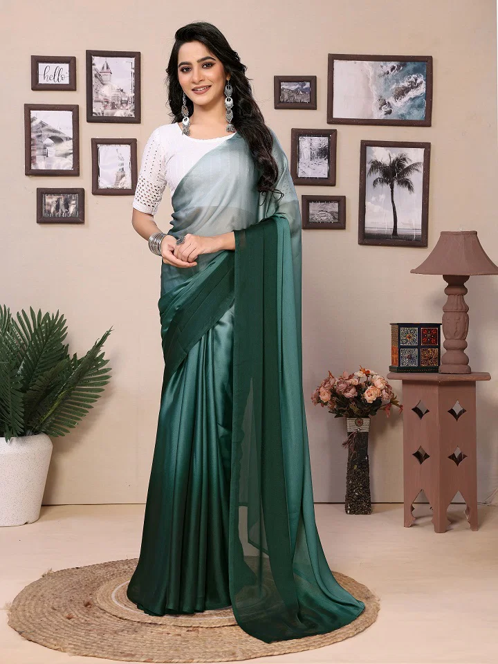 Party Wear Printed Satin Silk Ready to Wear Saree with Un Stitched Blouse(Wear Up to 44)