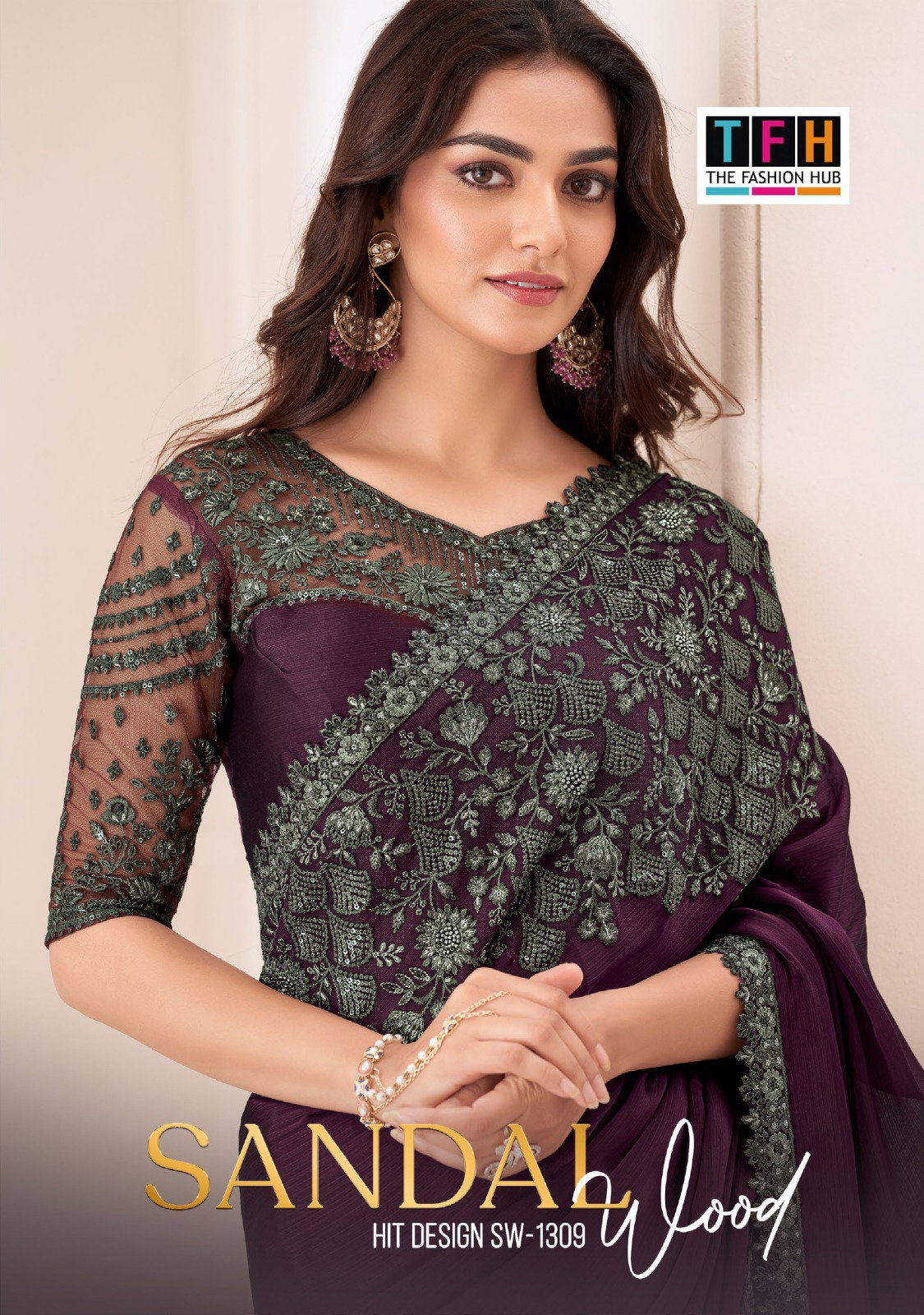 TFH SANDAL WOOD 1309  Designer Satin Chiffon Saree Collection
