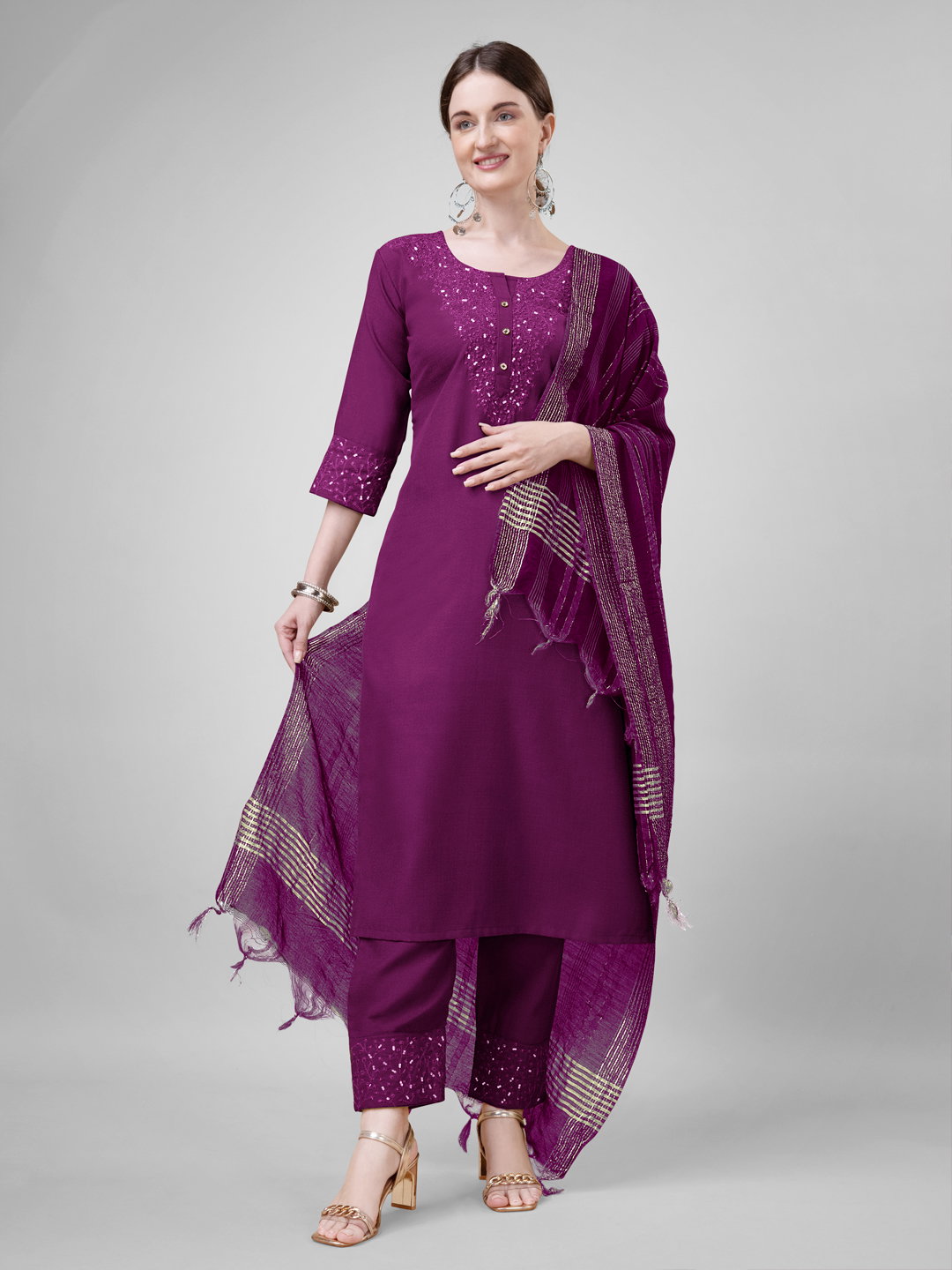 KUSUMA AR 1111 Purple Cotton Kurti Pant With Dupatta Collection
