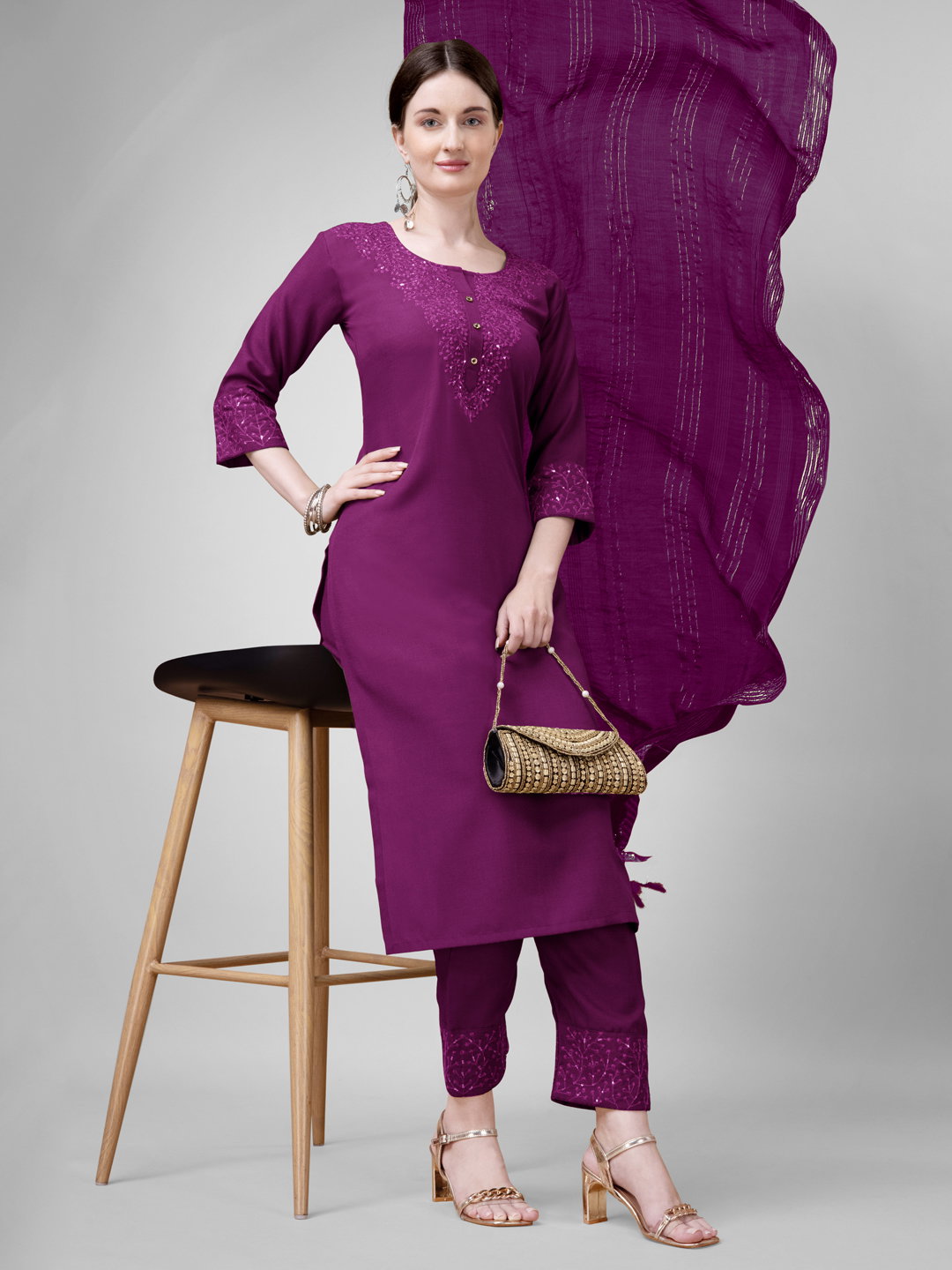 KUSUMA AR 1111 Purple Cotton Kurti Pant With Dupatta Collection