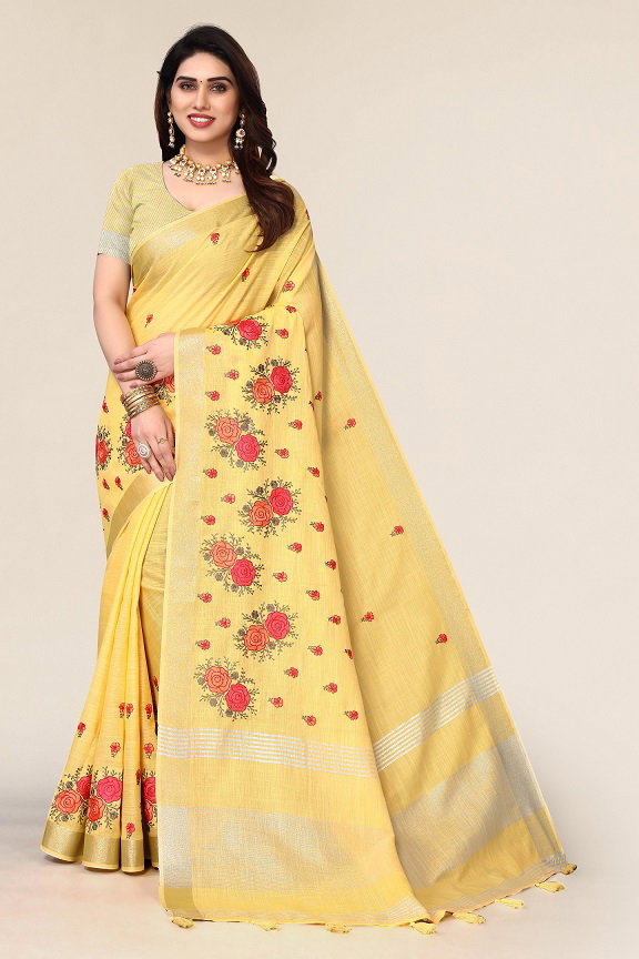 Party Wear Embroidery Worked Pura Cotton Silk Saree with Un Stitched Blouse