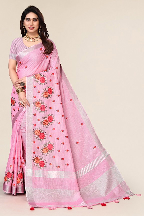 Party Wear Embroidery Worked Pura Cotton Silk Saree with Un Stitched Blouse