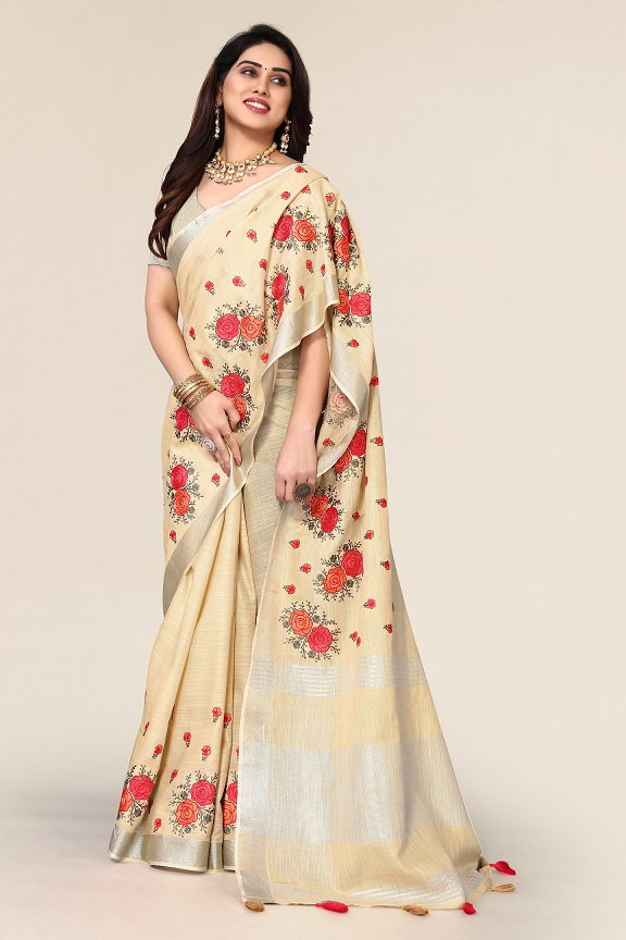 Party Wear Embroidery Worked Pura Cotton Silk Saree with Un Stitched Blouse