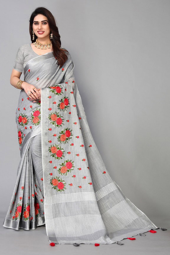 Party Wear Embroidery Worked Pura Cotton Silk Saree with Un Stitched Blouse