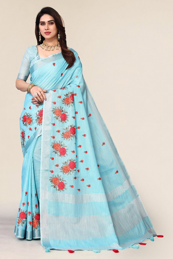 Party Wear Embroidery Worked Pura Cotton Silk Saree with Un Stitched Blouse