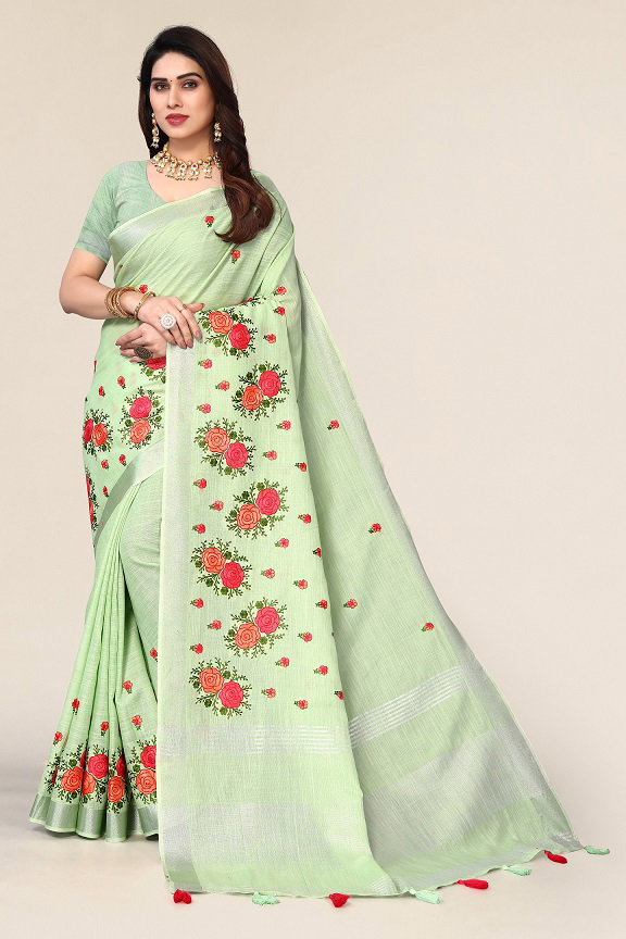Party Wear Embroidery Worked Pura Cotton Silk Saree with Un Stitched Blouse