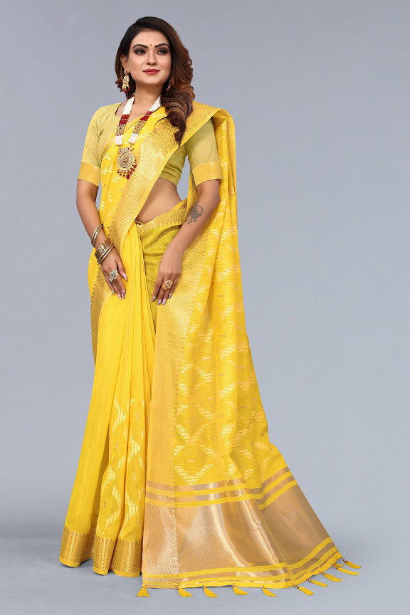 Party Wear Embroidery Worked Linen Cotton Saree with Jari Patta Border 