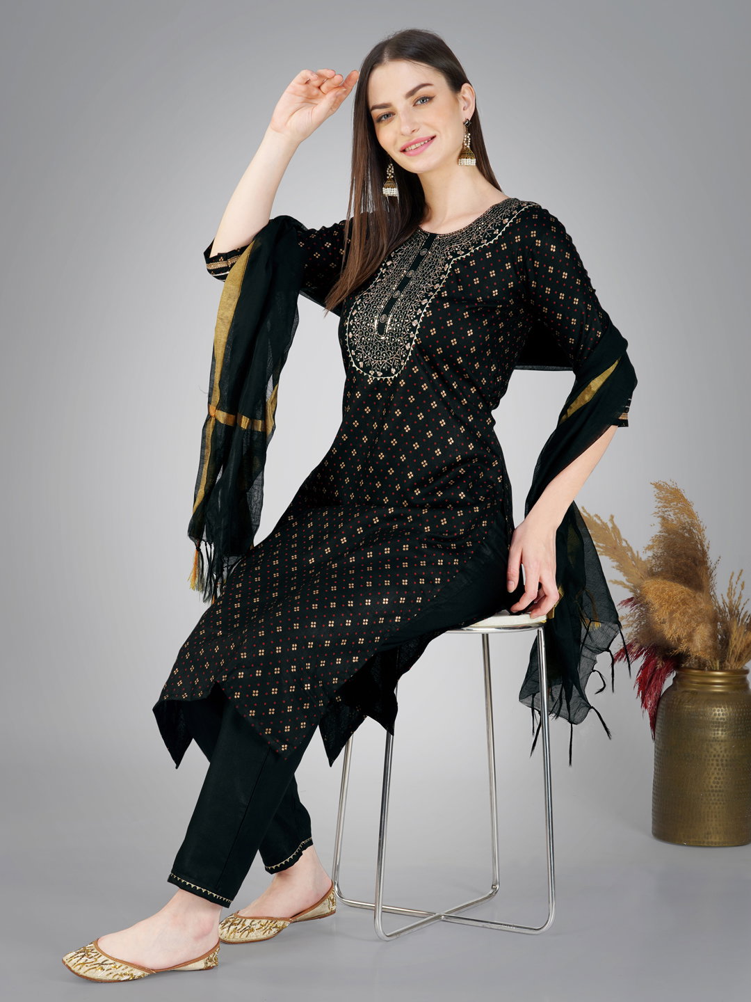 KUSUMA AR 1117 Black Cotton Kurti Pant With Dupatta Collection