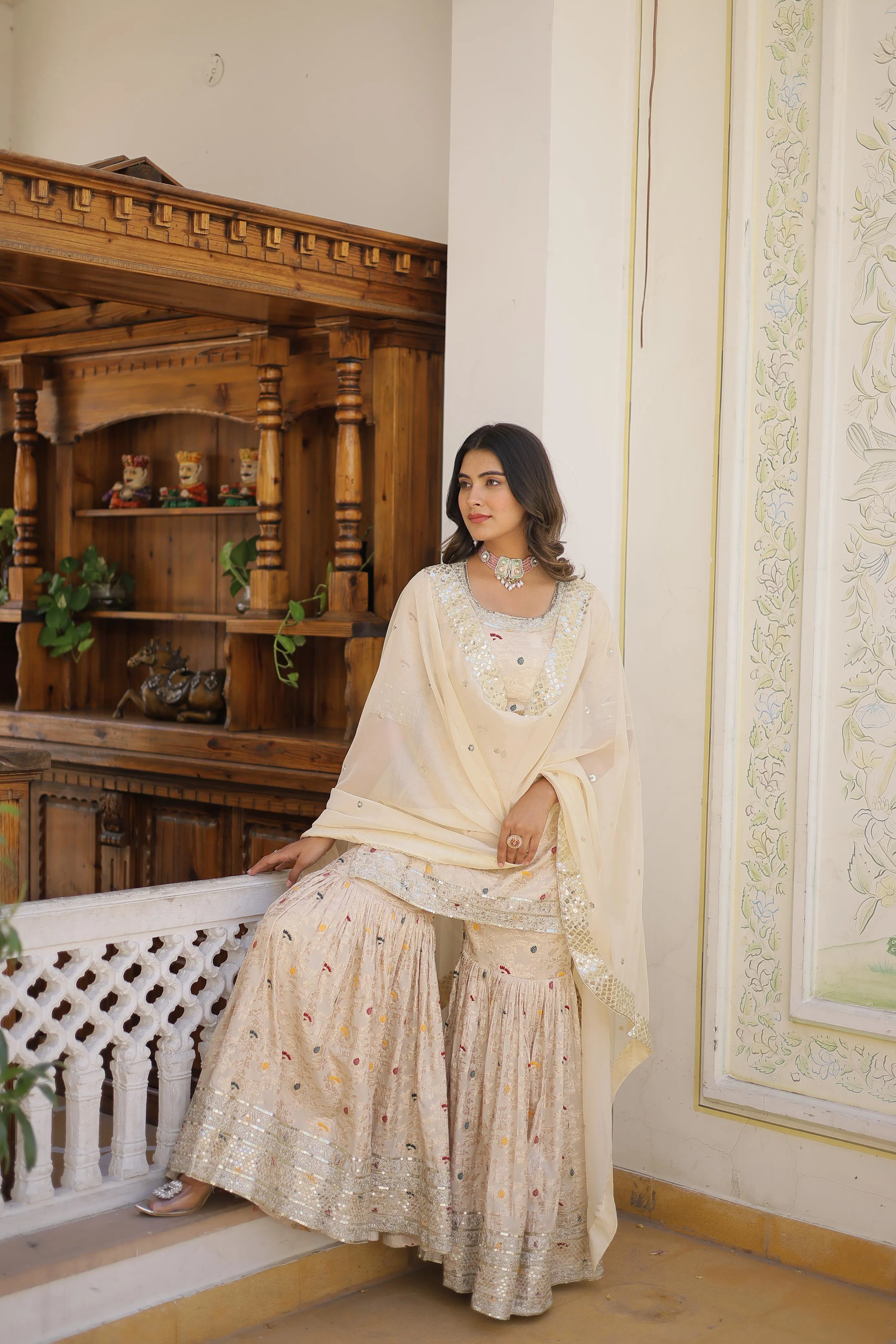 Lekha SG-9182 Designer Readymade Cream Top-Gharara-Dupatta Collection