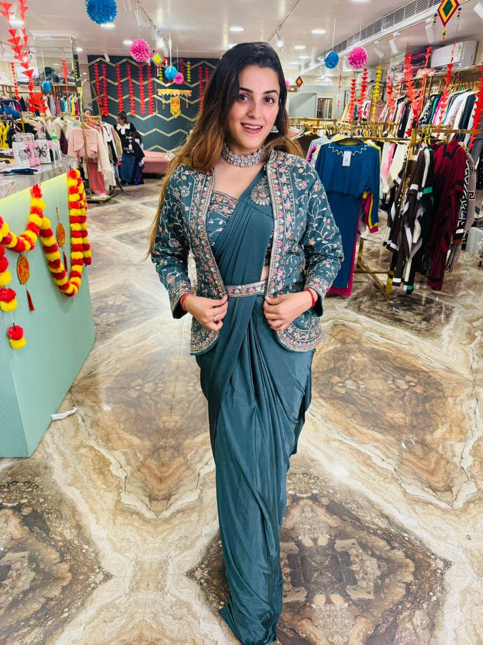 Bt 7058 Stylish Embroidered Koti With Ready To Wear Saree