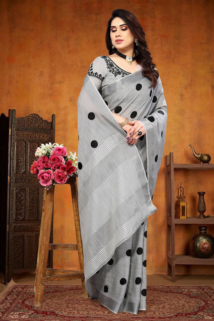 Party Wear Embroidery Worked Pura Soft Cotton Silk Saree with Un Stitched Blouse