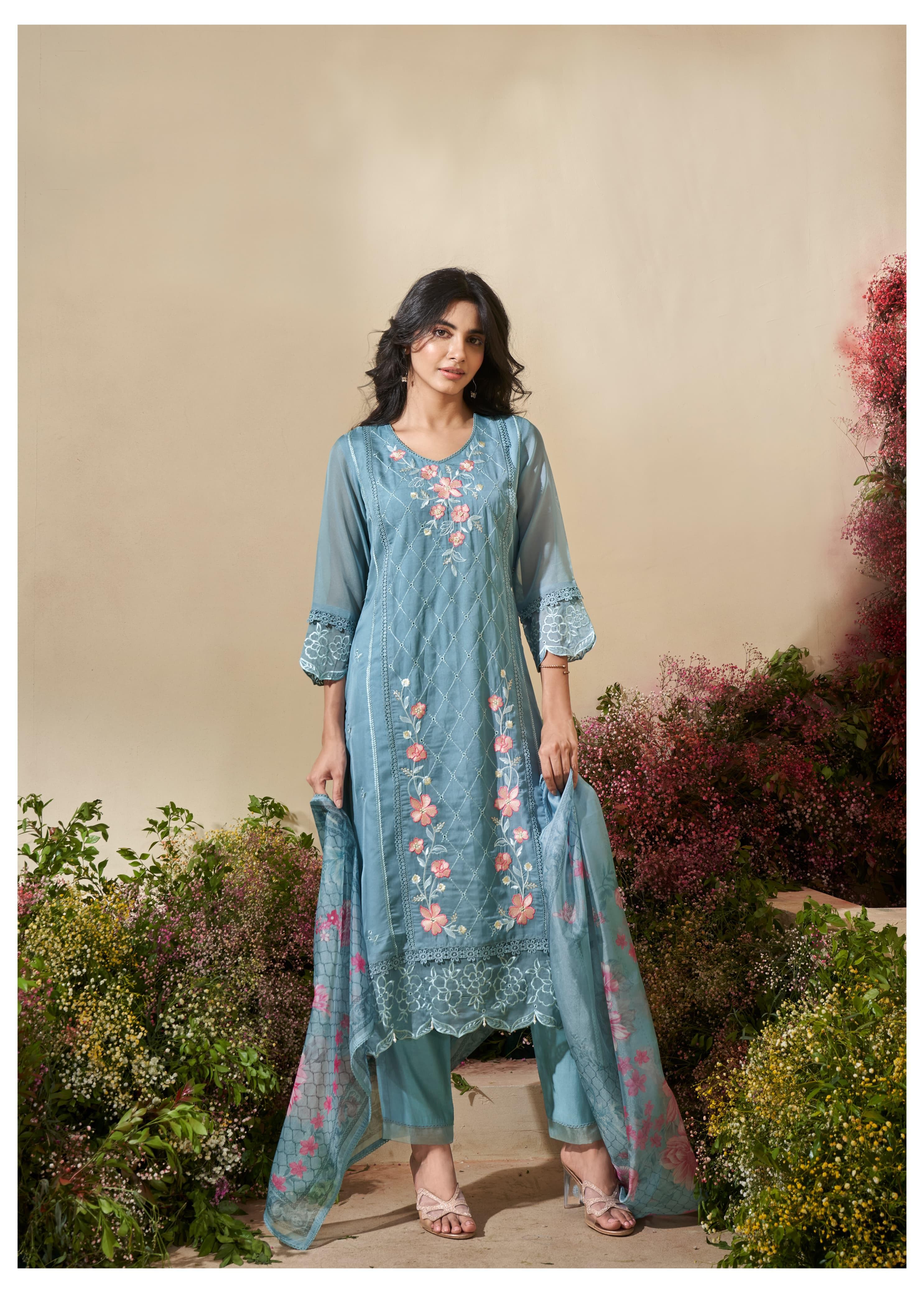 Neel Ishq Organza Embroidered Kurti Bottom With Dupatta