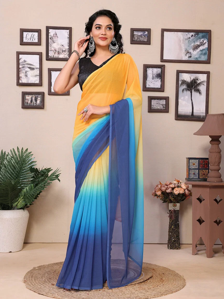 Meera 242 Party Wear Printed Georgette Ready to Wear Saree with Un Stitched Blouse(Wear Up to 44)