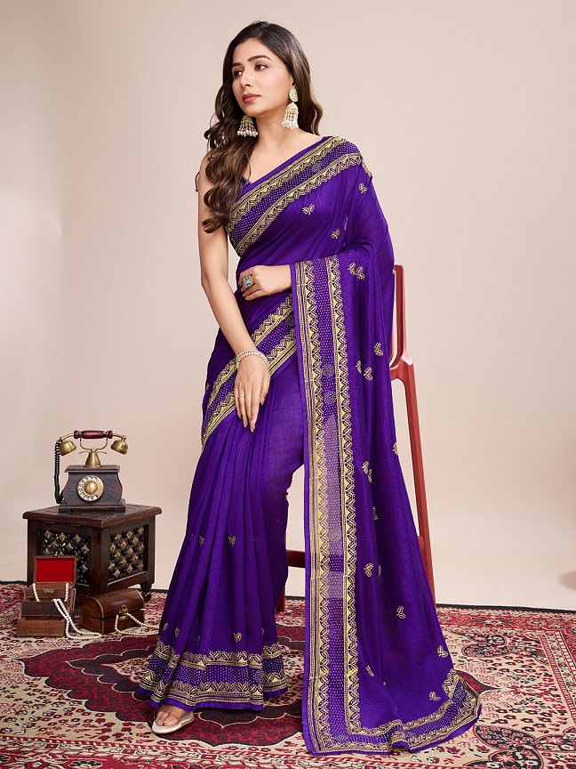 Party Wear Flower Embroidery worked Vichitra Silk Saree with un Stitched Blouse