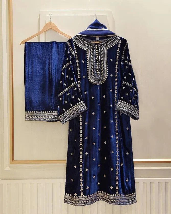 AK 1170 Velvet Embroidered Kurti With Bottom Dupatta Collection