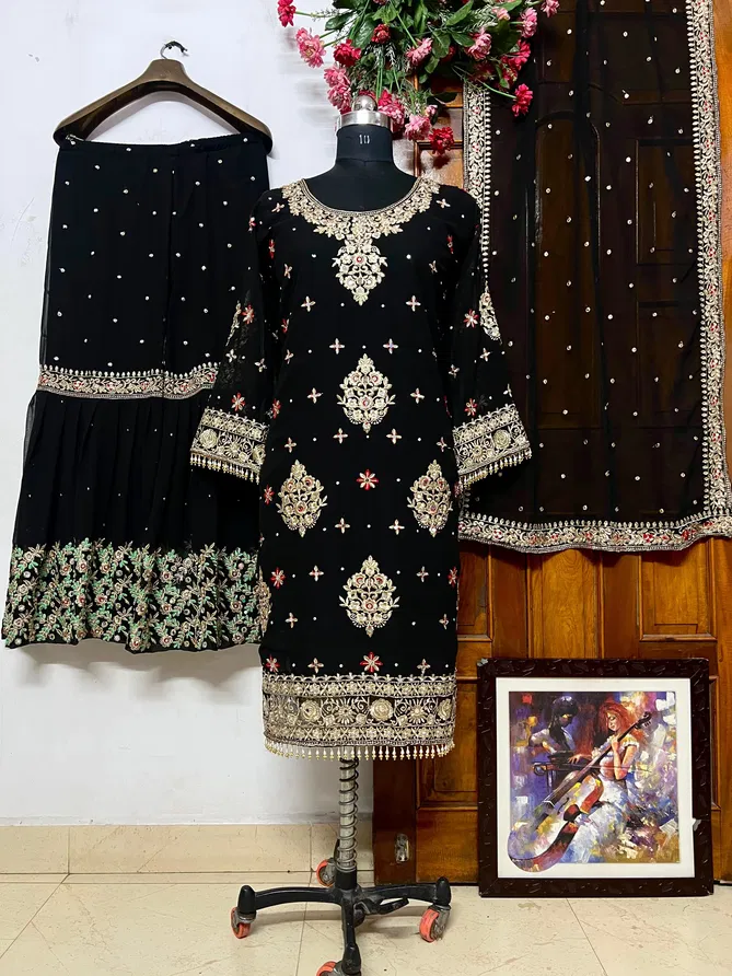 AK 1242 Georgette Pakistani Fancy Kurti Sharara With Dupatta Collection