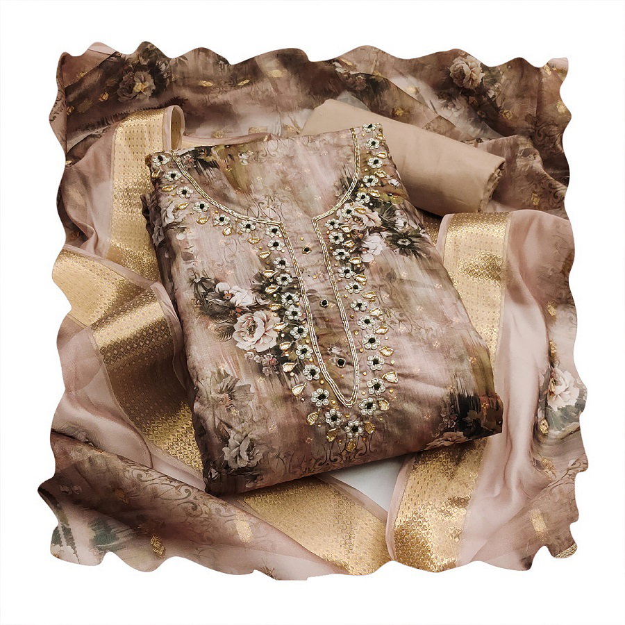 Party Wear Semi Stitched Maslin Banarasi Cotton silk top with Bottom and Dupatta Suit