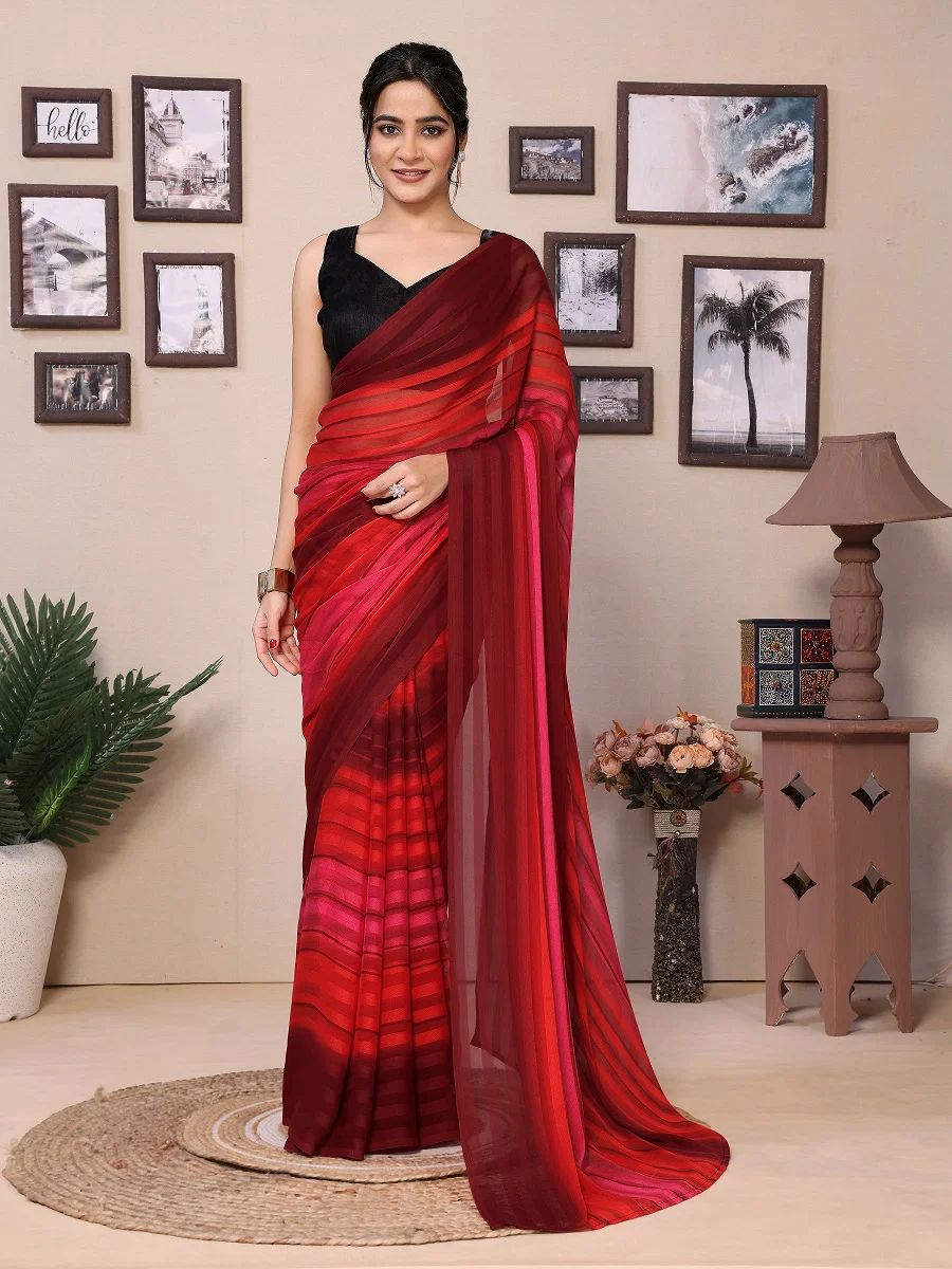 Party Wear Printed Georgette Satin Patta Ready to Wear Saree with Un Stitched Blouse(Up to 44)