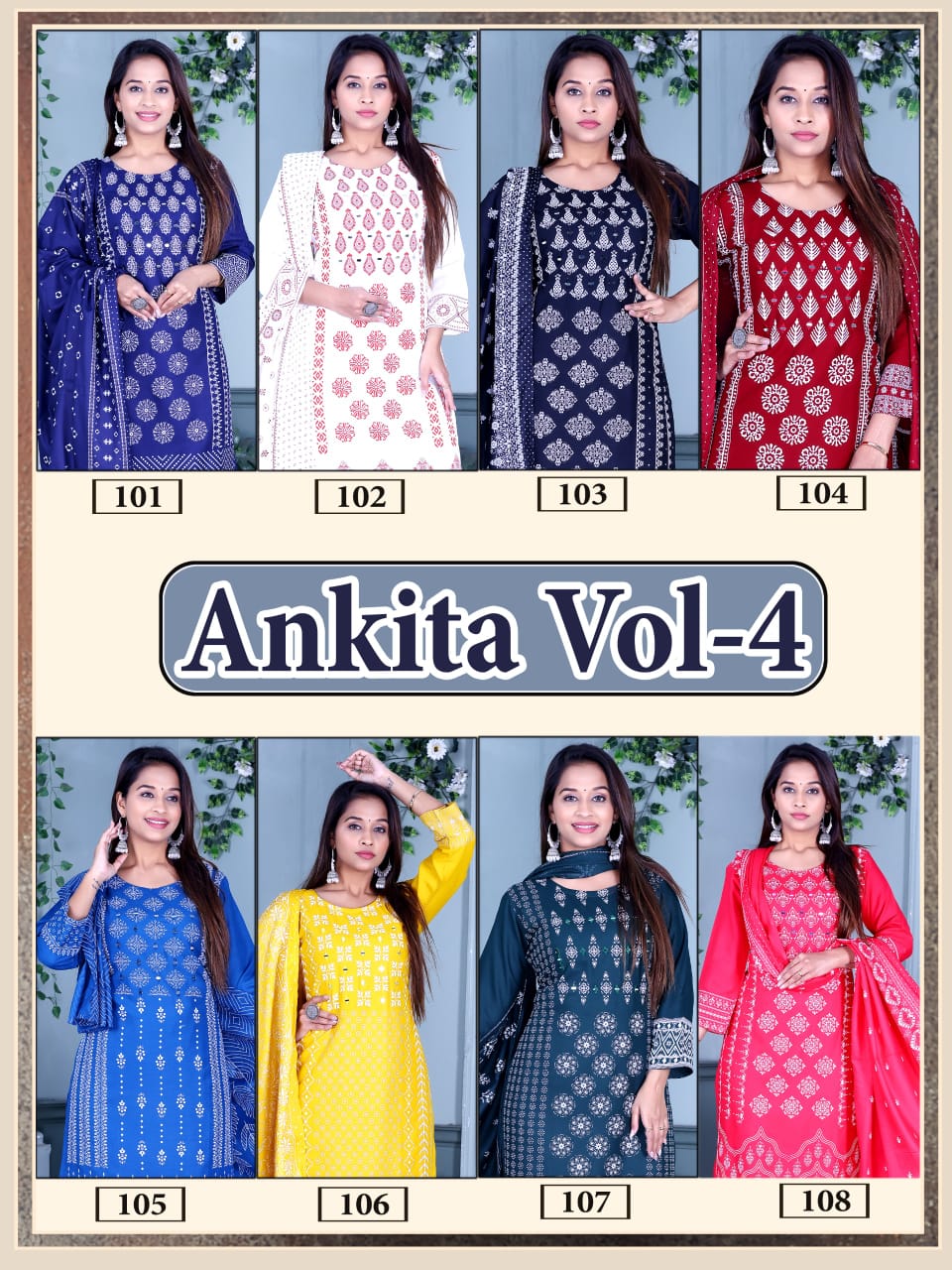 Ankita Vol 4 Rayon Foil Printed Kurti Pant With Dupatta Collection