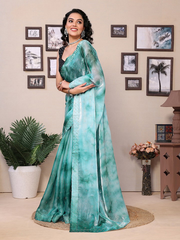 Meera 247 Party Wear Printed Jimmy Choo Ready to Wear Saree with Un Stitched Blouse(Wear Up to 44)