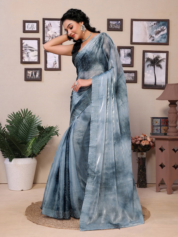 Meera 247 Party Wear Printed Jimmy Choo Ready to Wear Saree with Un Stitched Blouse(Wear Up to 44)