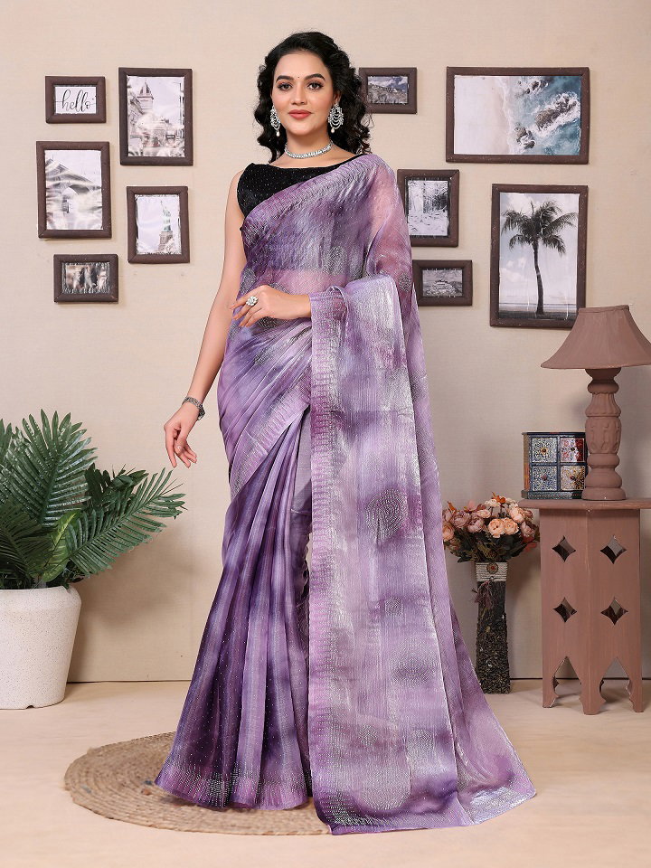 Meera 247 Party Wear Printed Jimmy Choo Ready to Wear Saree with Un Stitched Blouse(Wear Up to 44)