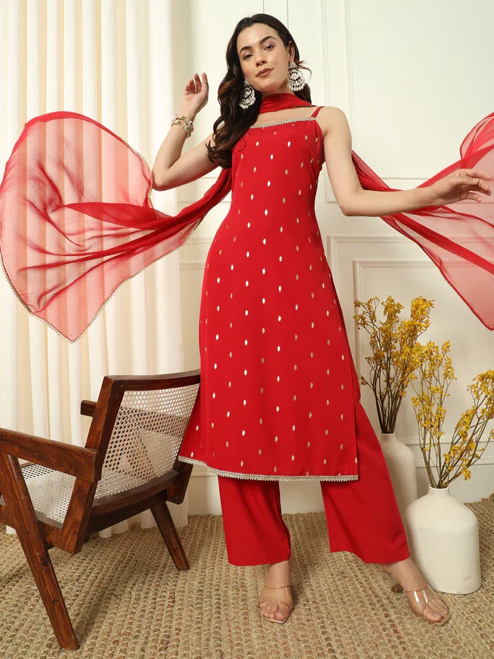 FIORRA SET0148 Women's Red Crepe Straight Kurta and Palazzo With Dupatta