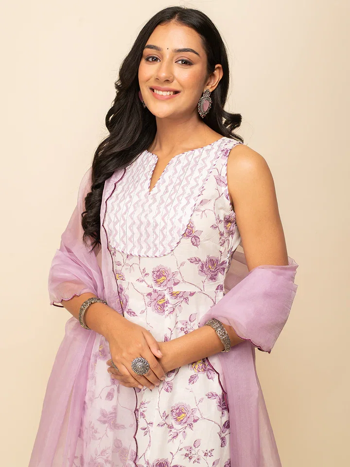 FIORRA SET0128 Women's White Cotton A-line Kurta with Pant and Dupatta