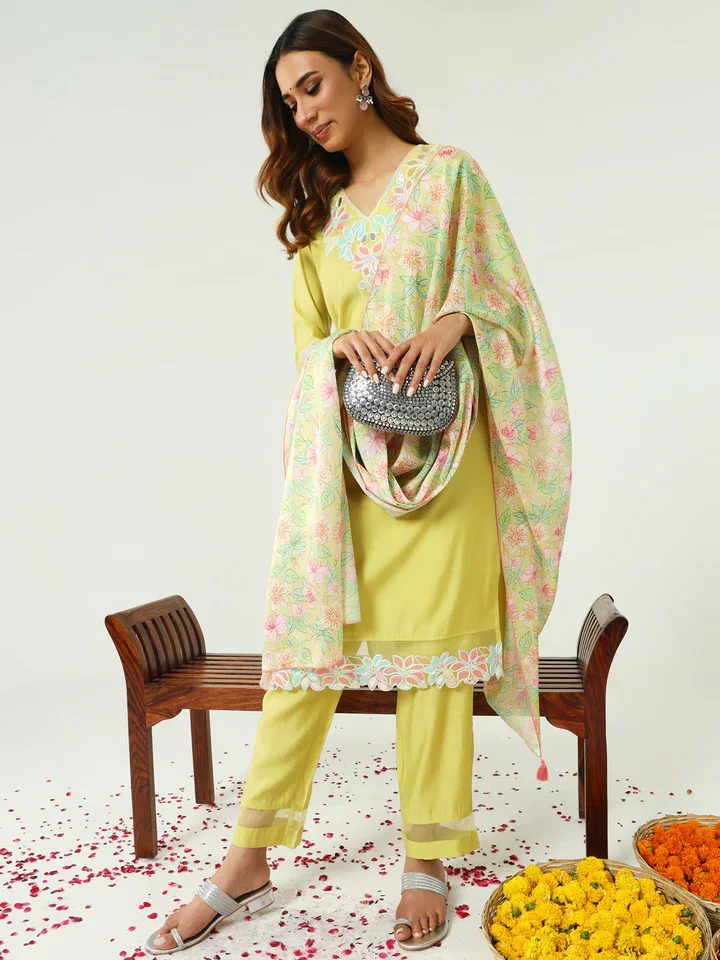 FIORRA SET0163 Women's Yellow Viscose Chanderi Straight Kurta with Pant and Dupatta