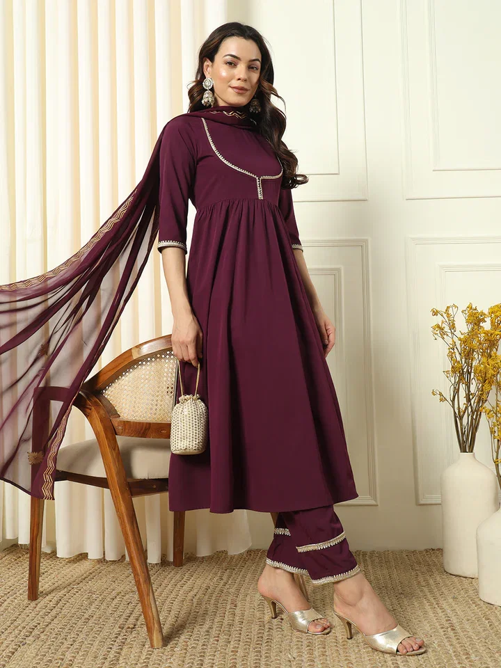 FIORRA SET0152 Women's Wine Crepe Flared Kurta and Pant With Dupatta