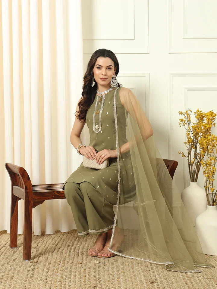 FIORRA SET0149 Women's Mehndi Green Crepe Straight Kurta and Palazzo With Dupatta 