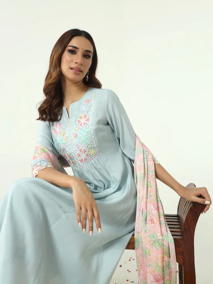 FIORRA SET0164 Women's Sky Blue Viscose Chanderi A-line Kurta with Pant and Dupatta