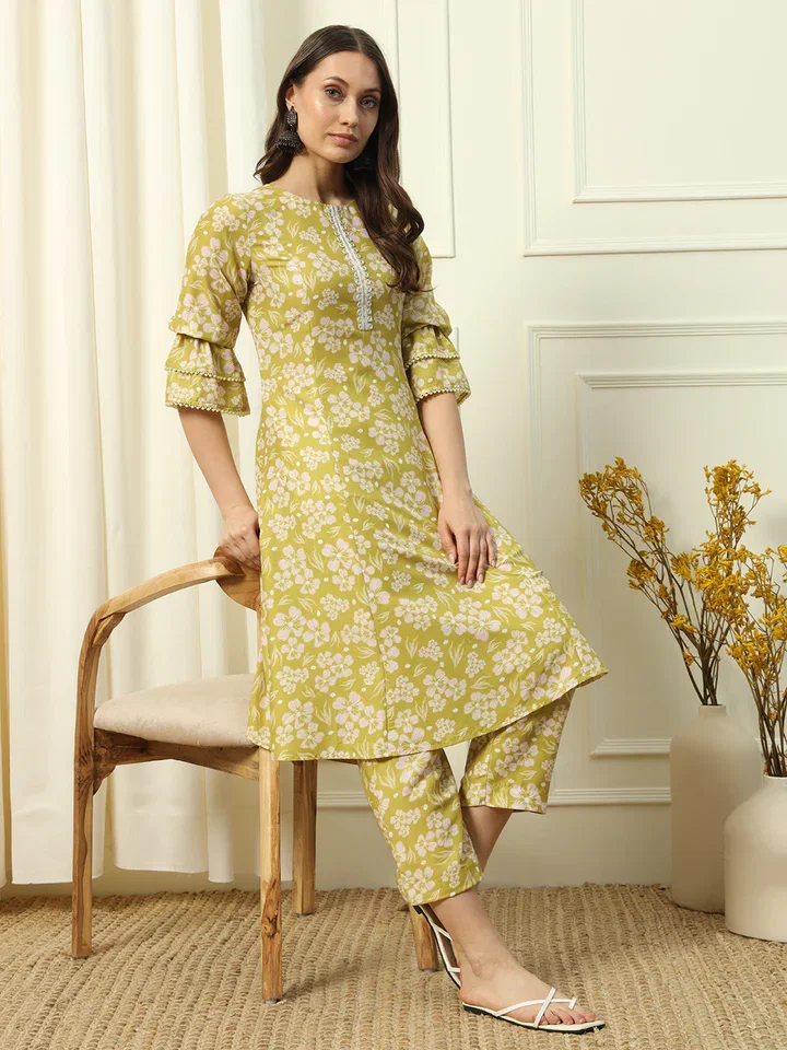 FIORRA SET0142 Women's Light Yellow Cotton Blend A-Line Kurta and Pant