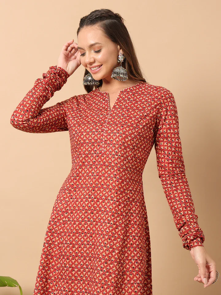 FIORRA FAR0113 Women's Floral Printed Red Cotton A-Line Kurta