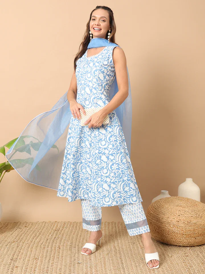 FIORRA SET0135 Women's Sky Blue Cotton A-line Kurta and Pant With Dupatta