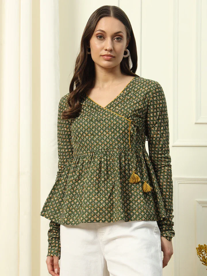 FIORRA TOP011 Women's Green Printed Cotton Top