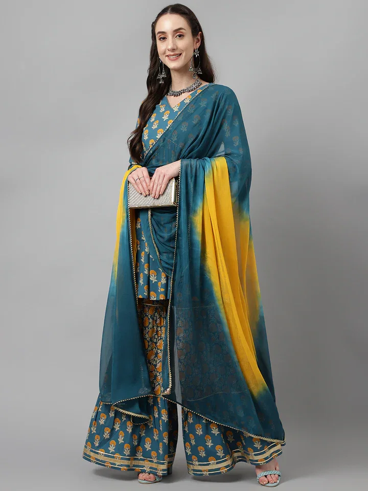 FIORRA SET0073 Women's Mor Peach Pure Cotton Flared Kurta with Sharara and Dupatta