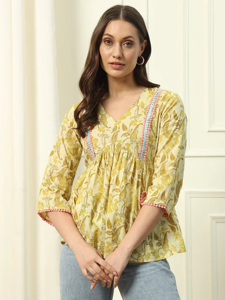FIORRA TOP003 Women's Yellow Printed Cotton Top 