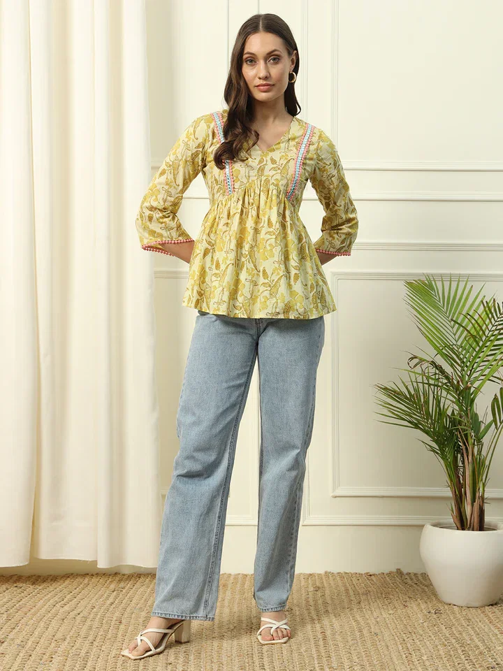 FIORRA TOP003 Women's Yellow Printed Cotton Top 