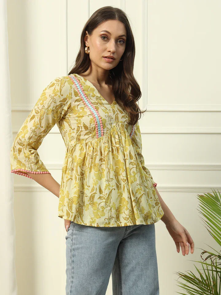 FIORRA TOP003 Women's Yellow Printed Cotton Top 