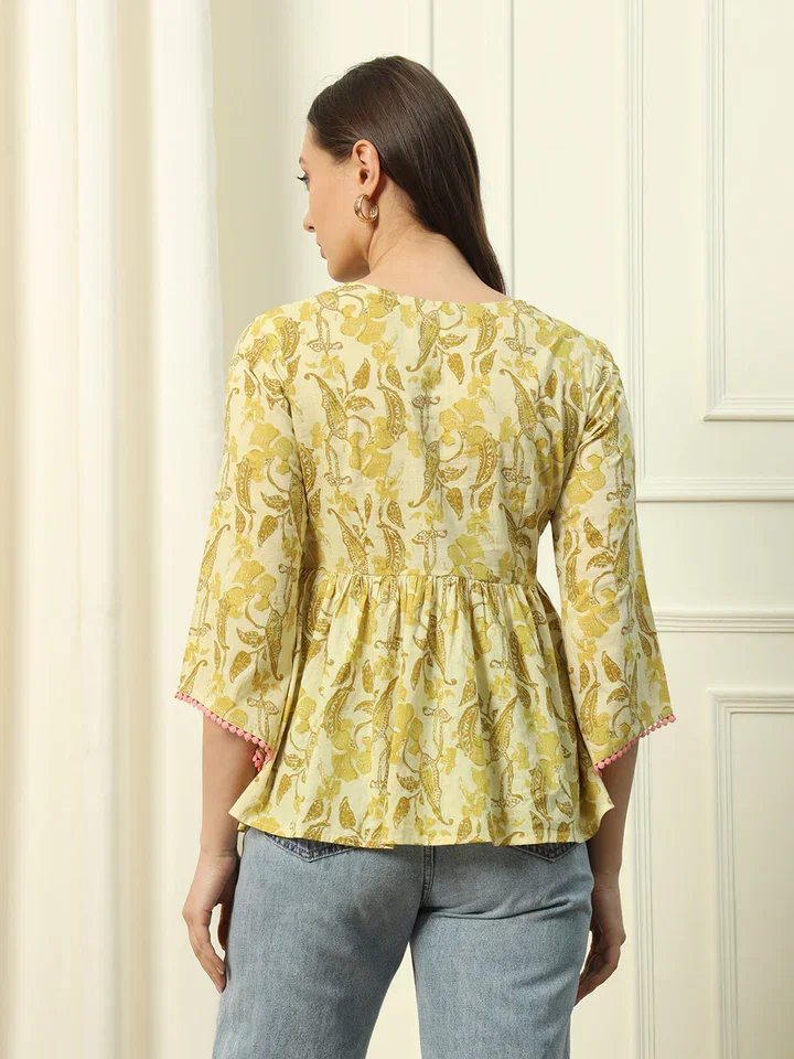 FIORRA TOP003 Women's Yellow Printed Cotton Top 