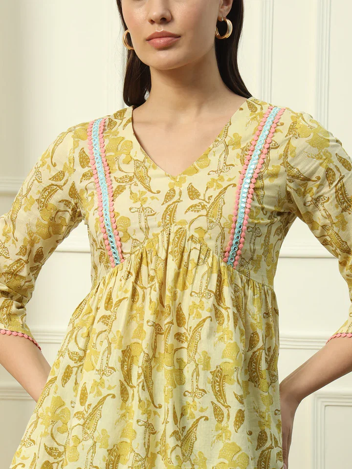 FIORRA TOP003 Women's Yellow Printed Cotton Top 