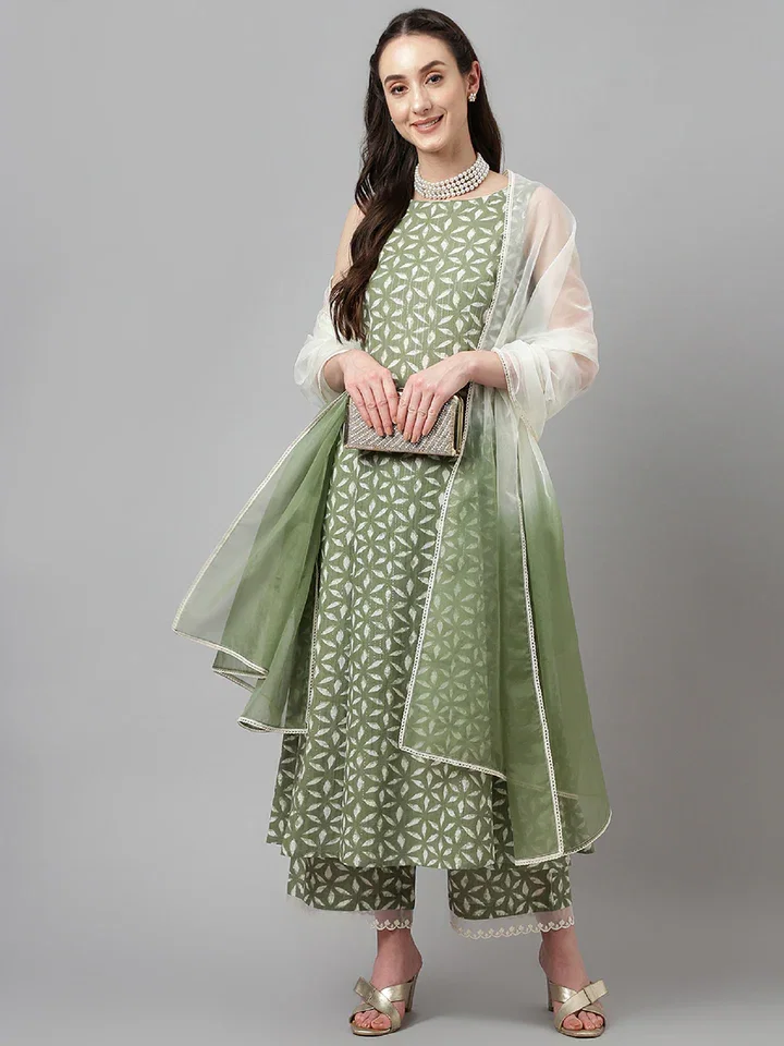 FIORRA SET0067 Women's Fern Green Pure Cotton Flared Kurta, Palazzo & Dupatta