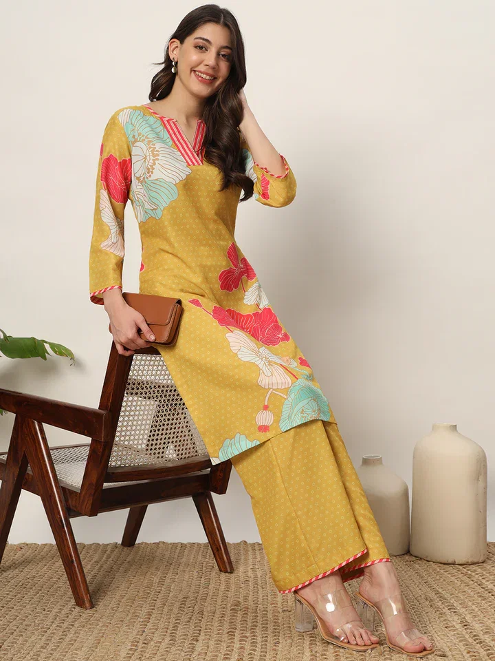 FIORRA SET0145 Women's Yellow Cotton Blend Kurta and Palazzo Set 