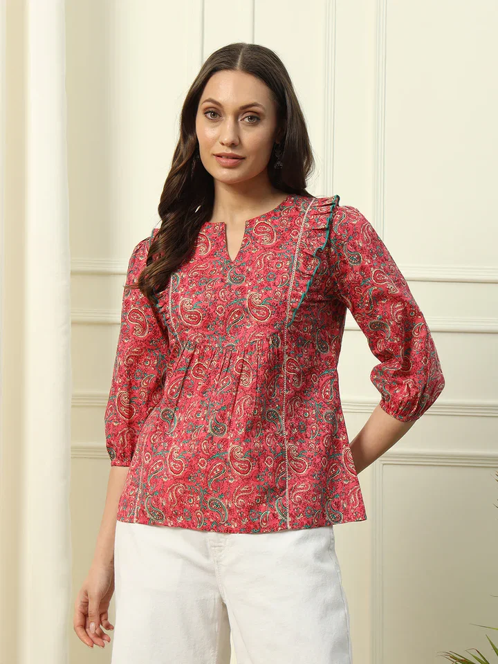 FIORRA TOP007 Women's Red Floral Printed Cotton Top