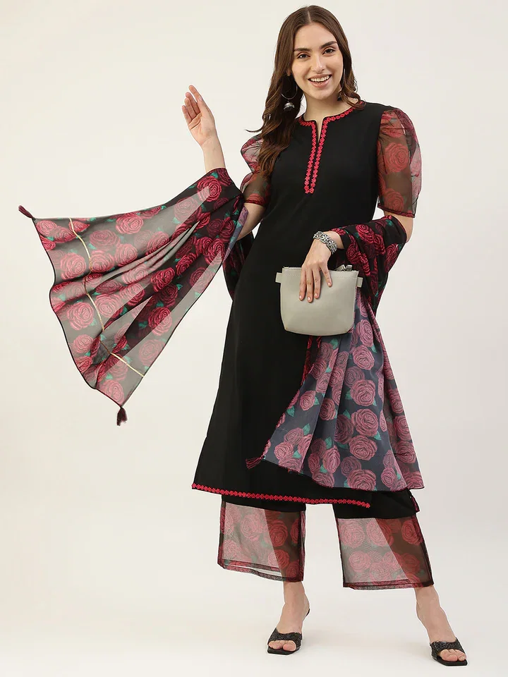 FIORRA SET0052 Women's Black Crepe Straight Kurta with Palazzo and Dupatta